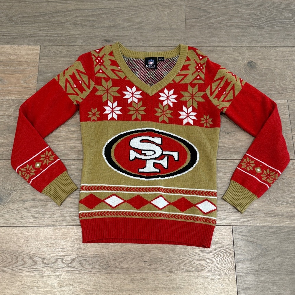 NFL Red‎ Gold SF 49ERS Football Festive Holliday V Neck Acrylic Sweater Size S